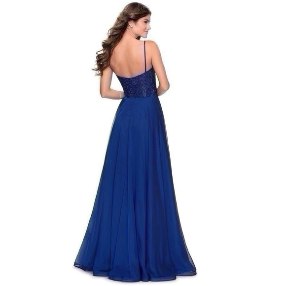 La Femme Sparkle Lace Chiffon Gown Marine Blue 28664 - Picture 6 of 14